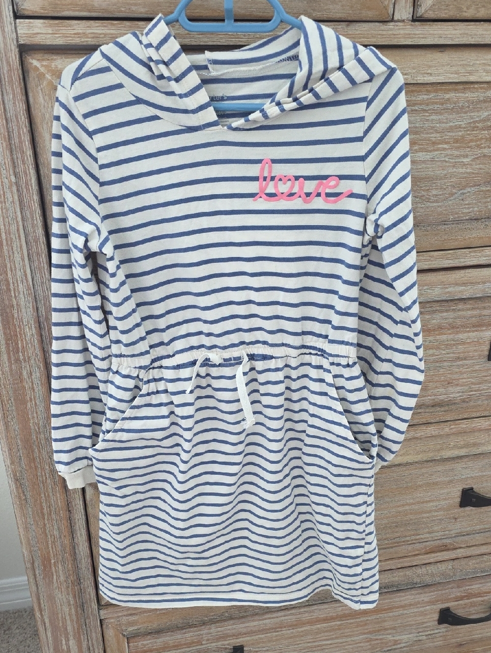 Carter's White and Navy Striped Hooded Dress with Pink "love" Script